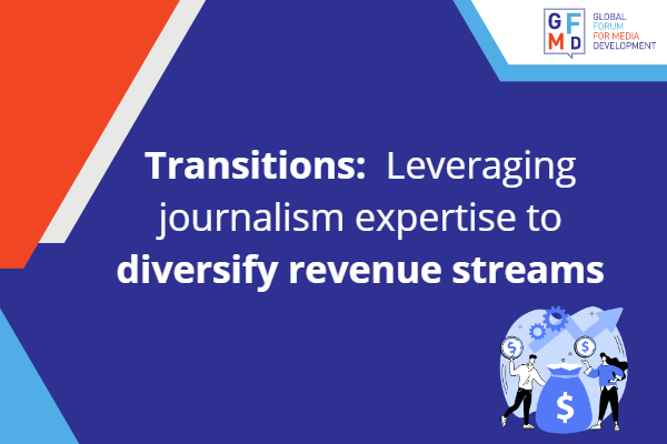 A poster on Transitions: Leveraging journalism expertise to diversify revenue streams. 